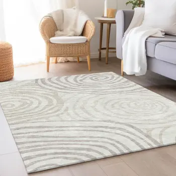 10' X 14' Ivory Beige And Khaki Abstract Washable Indoor Outdoor Area Rug