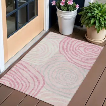 3' X 5' Pink Ivory And Gray Abstract Washable Indoor Outdoor Area Rug