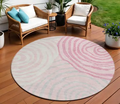 8' Pink Ivory And Gray Round Abstract Washable Indoor Outdoor Area Rug