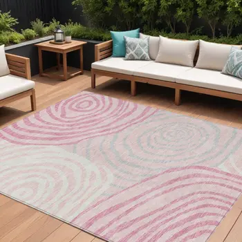 8' X 10' Pink Ivory And Gray Abstract Washable Indoor Outdoor Area Rug