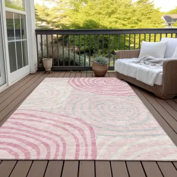 9' X 12' Pink Ivory And Gray Abstract Washable Indoor Outdoor Area Rug