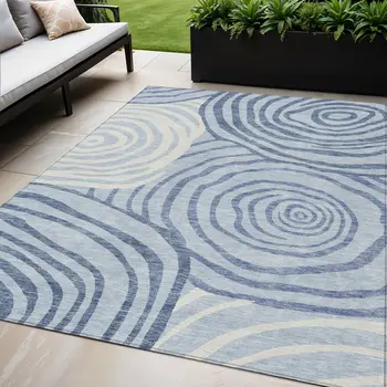 5' X 8' Sky Blue Denim Blue And Ivory Abstract Washable Indoor Outdoor Area Rug