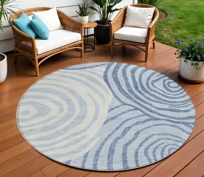 8' Sky Blue Denim Blue And Ivory Round Abstract Washable Indoor Outdoor Area Rug