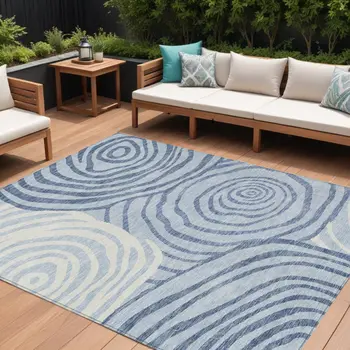 8' X 10' Sky Blue Denim Blue And Ivory Abstract Washable Indoor Outdoor Area Rug