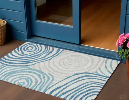 3' X 5' Teal Blue Ivory And Silver Abstract Washable Indoor Outdoor Area Rug