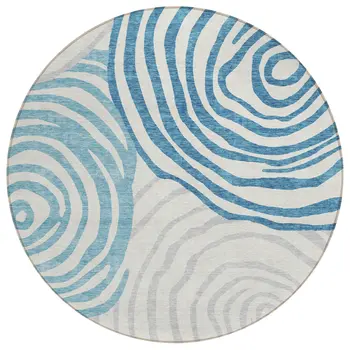 8' Teal Blue Ivory And Silver Round Abstract Washable Indoor Outdoor Area Rug
