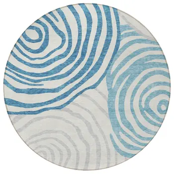 8' Teal Blue Ivory And Silver Round Abstract Washable Indoor Outdoor Area Rug