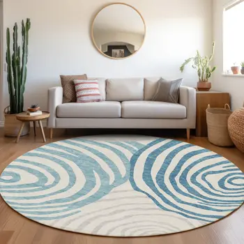 8' Teal Blue Ivory And Silver Round Abstract Washable Indoor Outdoor Area Rug