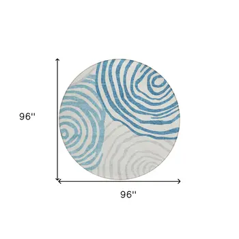 8' Teal Blue Ivory And Silver Round Abstract Washable Indoor Outdoor Area Rug