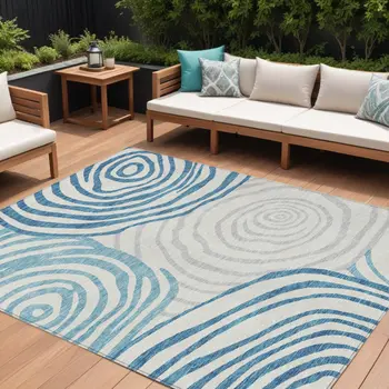 10' X 14' Teal Blue Ivory And Silver Abstract Washable Indoor Outdoor Area Rug
