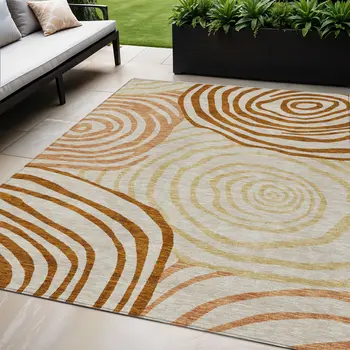 5' X 8' Terra Cotta Copper And Gold Abstract Washable Indoor Outdoor Area Rug