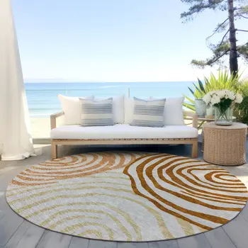 8' Terra Cotta Copper And Gold Round Abstract Washable Indoor Outdoor Area Rug