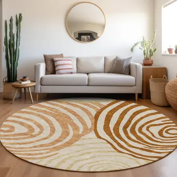 8' Terra Cotta Copper And Gold Round Abstract Washable Indoor Outdoor Area Rug