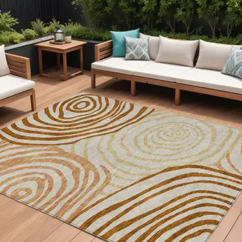 8' X 10' Terra Cotta Copper And Gold Abstract Washable Indoor Outdoor Area Rug