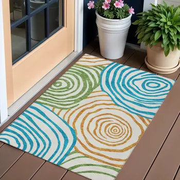 3' X 5' White Orange And Teal Blue Abstract Washable Indoor Outdoor Area Rug