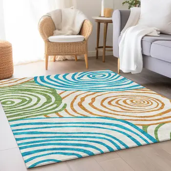 3' X 5' White Orange And Teal Blue Abstract Washable Indoor Outdoor Area Rug