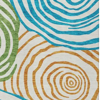 5' X 8' White Orange And Teal Blue Abstract Washable Indoor Outdoor Area Rug