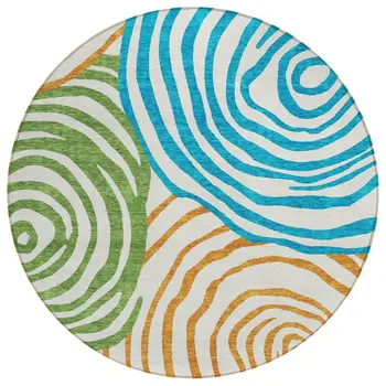 8' White Orange And Teal Blue Round Abstract Washable Indoor Outdoor Area Rug
