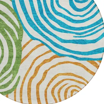8' White Orange And Teal Blue Round Abstract Washable Indoor Outdoor Area Rug