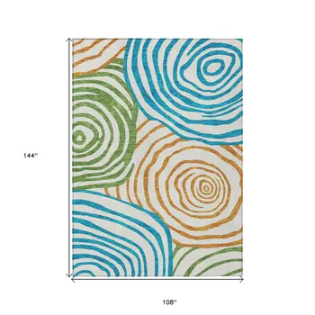 9' X 12' White Orange And Teal Blue Abstract Washable Indoor Outdoor Area Rug