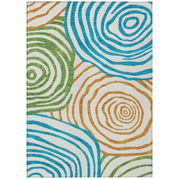 10' X 14' White Orange And Teal Blue Abstract Washable Indoor Outdoor Area Rug