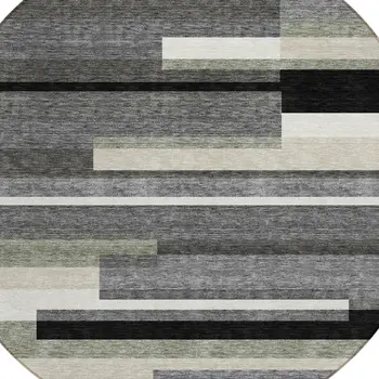 8' Black Charcoal And Gray Round Striped Washable Indoor Outdoor Area Rug
