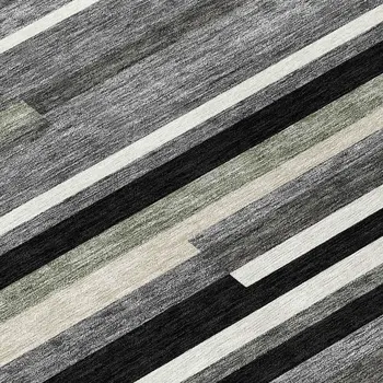 8' Black Charcoal And Gray Round Striped Washable Indoor Outdoor Area Rug
