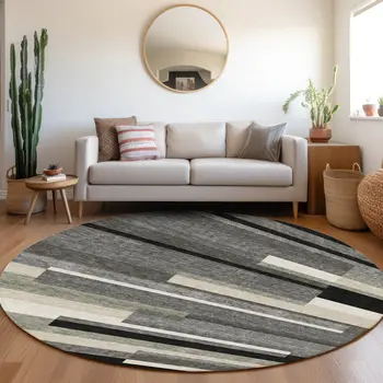 8' Black Charcoal And Gray Round Striped Washable Indoor Outdoor Area Rug