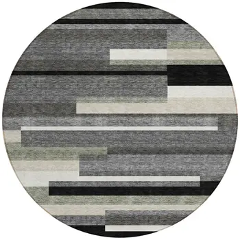 8' Black Charcoal And Gray Round Striped Washable Indoor Outdoor Area Rug