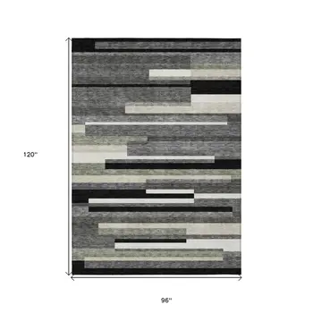 8' X 10' Black Charcoal And Gray Striped Washable Indoor Outdoor Area Rug