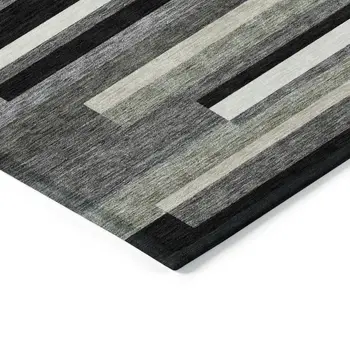 8' X 10' Black Charcoal And Gray Striped Washable Indoor Outdoor Area Rug