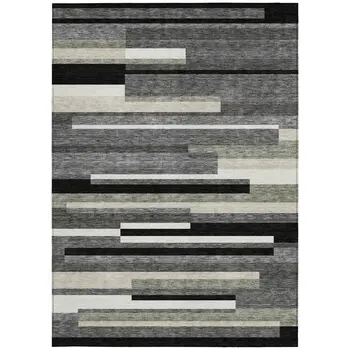 8' X 10' Black Charcoal And Gray Striped Washable Indoor Outdoor Area Rug