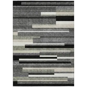 9' X 12' Black Charcoal And Gray Striped Washable Indoor Outdoor Area Rug