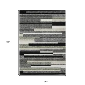 10' X 14' Black Charcoal And Gray Striped Washable Indoor Outdoor Area Rug