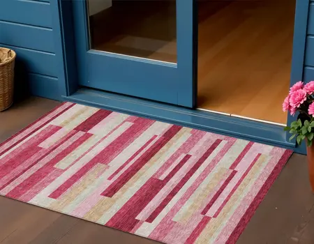 3' X 5' Blush Pink And Mauve Striped Washable Indoor Outdoor Area Rug
