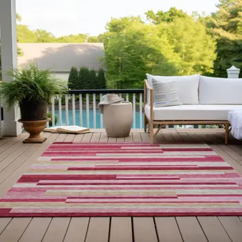 5' X 8' Blush Pink And Mauve Striped Washable Indoor Outdoor Area Rug