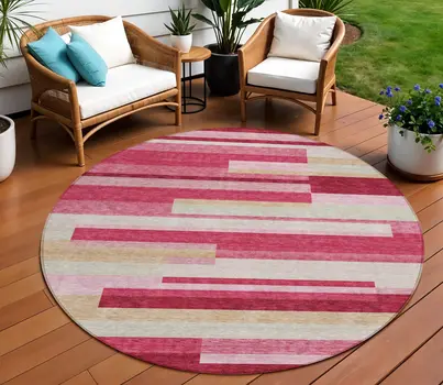 8' Blush Pink And Mauve Round Striped Washable Indoor Outdoor Area Rug