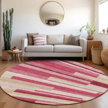 8' Blush Pink And Mauve Round Striped Washable Indoor Outdoor Area Rug