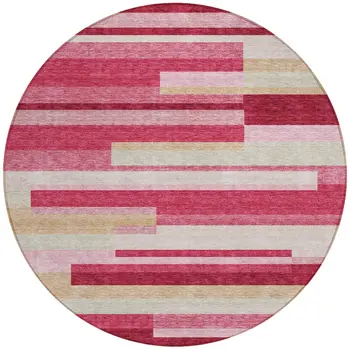 8' Blush Pink And Mauve Round Striped Washable Indoor Outdoor Area Rug