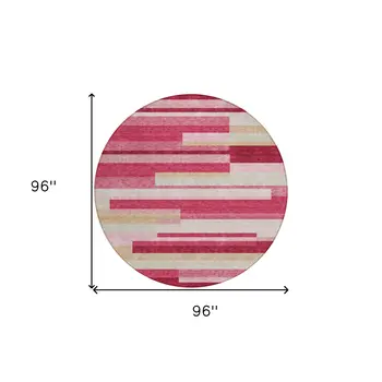 8' Blush Pink And Mauve Round Striped Washable Indoor Outdoor Area Rug