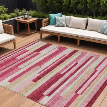 8' X 10' Blush Pink And Mauve Striped Washable Indoor Outdoor Area Rug