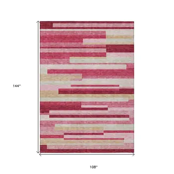 9' X 12' Blush Pink And Mauve Striped Washable Indoor Outdoor Area Rug