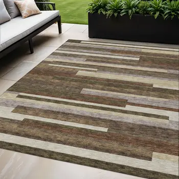5' X 8' Brown Beige And Copper Striped Washable Indoor Outdoor Area Rug