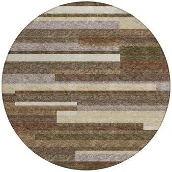 8' Brown Beige And Copper Round Striped Washable Indoor Outdoor Area Rug