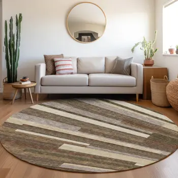 8' Brown Beige And Copper Round Striped Washable Indoor Outdoor Area Rug