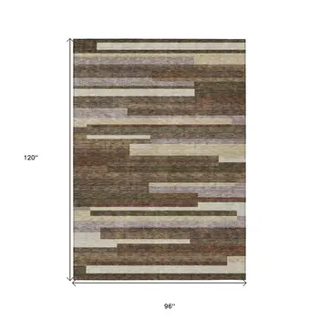 8' X 10' Brown Beige And Copper Striped Washable Indoor Outdoor Area Rug