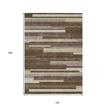 10' X 14' Brown Beige And Copper Striped Washable Indoor Outdoor Area Rug
