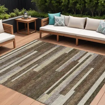 10' X 14' Brown Beige And Copper Striped Washable Indoor Outdoor Area Rug