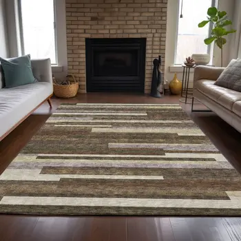 10' X 14' Brown Beige And Copper Striped Washable Indoor Outdoor Area Rug