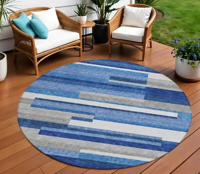 8' Navy Blue And Denim Blue Round Striped Washable Indoor Outdoor Area Rug